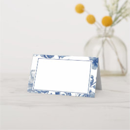 Trouwkaart met marineblauwe bloemen plaatskaartje