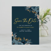 Trouwkaart met marineblauwe bloemen 'Save The Date Folie Uitnodiging (Staand Voorkant)
