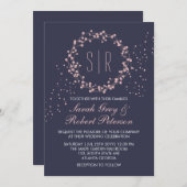 Trouwkaart met marineblauwe roze bloemenkrans kaart (Voorkant / Achterkant)