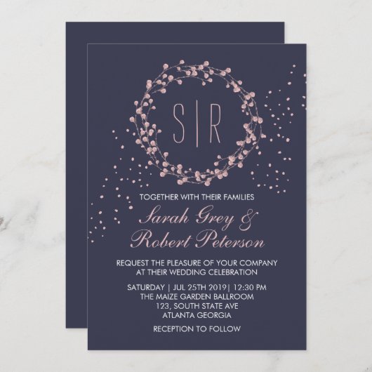 Trouwkaart met marineblauwe roze bloemenkrans kaart (Voorkant / Achterkant)