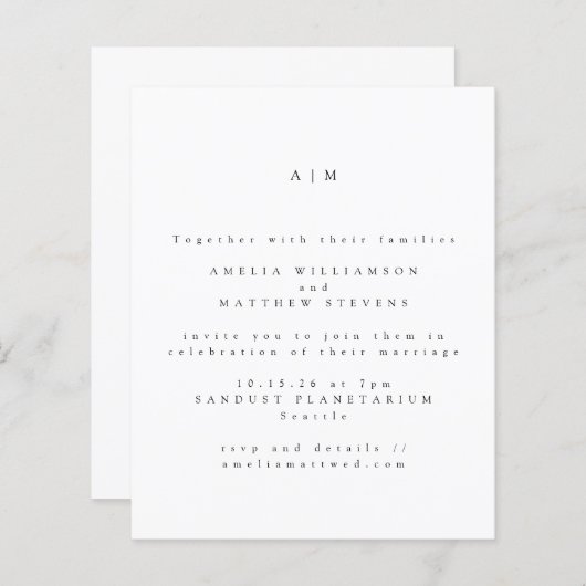 Trouwkaart met minimale monogram en chique uitstra (Voorkant / Achterkant)