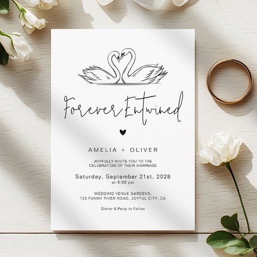 Trouwkaart met Minimalistische Script en Zwanen Kaart