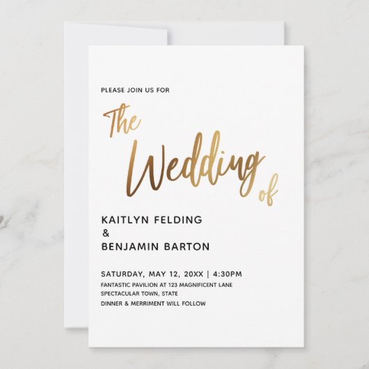 Trouwkaart met moderne handgeschreven tekst in gou kaart (Voorkant)