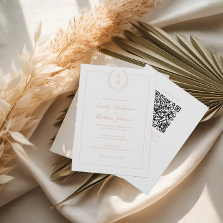 Trouwkaart met monogram en QR-code 'Blush Laurel' Kaart
