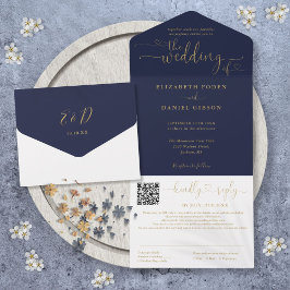 Trouwkaart met Navy Blauwe en Gouden Hartjes Scrip All In One Uitnodiging