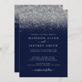 Trouwkaart met Navy Blauwe en Zilveren Glitter Uit Aankondiging (Voorkant / Achterkant)
