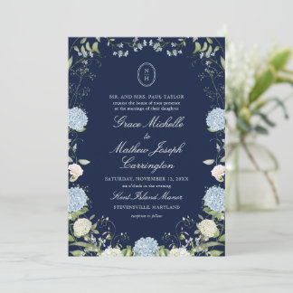 Trouwkaart met Navy Blauwe Hortensia Monogram Kaart