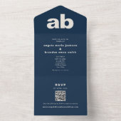 Trouwkaart met Navy Blauwe Monogram QR Code All In One Uitnodiging (Binnen)