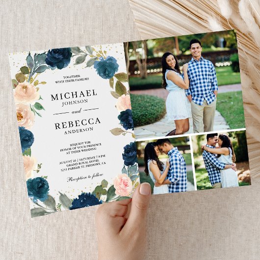 Trouwkaart met Navy Blauwe Perzik Bloemen en QR Co