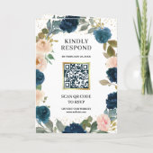 Trouwkaart met Navy Blauwe Perzik Bloemen en QR Co (Achterkant)
