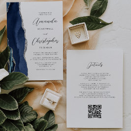 Trouwkaart met Navy Blauwe Zilveren Agaat QR-code Kaart