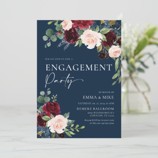 Trouwkaart met Navy Bloemen Burgundy Blush Kaart (Staand voorkant)