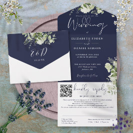 Trouwkaart met Navy Blue Greenery Monogram QR Code All In One Uitnodiging