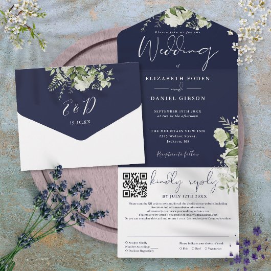 Trouwkaart met Navy Blue Greenery Monogram QR Code All In One Uitnodiging