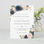 Trouwkaart met Navy Blush Bloemen Kaart (Staand voorkant)