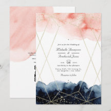 Trouwkaart met Navy & Blush Waterverf Geometrische