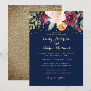 Trouwkaart met Navy Bourgondische Bloemen Glitters Kaart