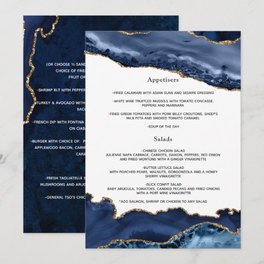 Trouwkaart met Navy en Goud Agate Menu (Voorkant / Achterkant)