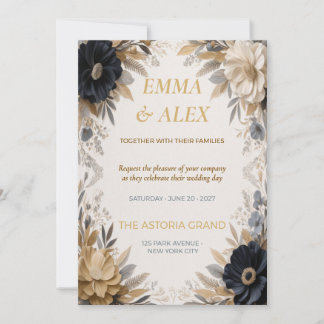 Trouwkaart met Navy & Gouden Bloemen | Elegant Kaart