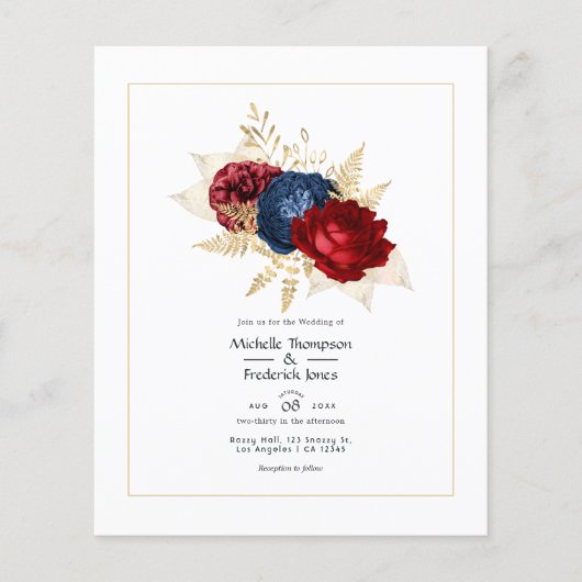 Trouwkaart met Navy, Rode en Gouden Bloemen Flyer (Voorkant)