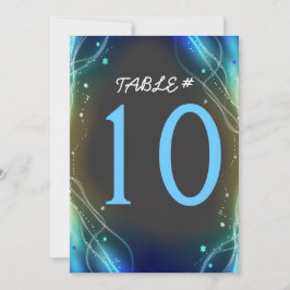 Trouwkaart met oplichtende neonsterren en tafelnum kaart
