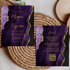Trouwkaart met paarse agate script QR-code