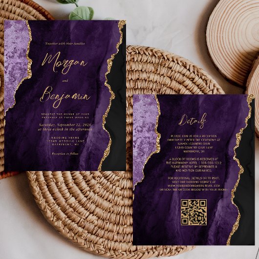 Trouwkaart met paarse agate script QR-code