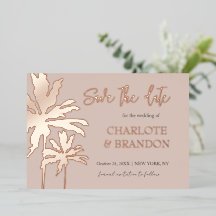 Trouwkaart met palmbomen en roze goud 'Save the Da