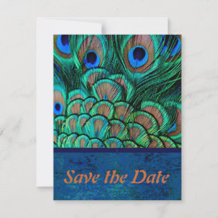 Trouwkaart met pauwmotief om de datum te reservere save the date