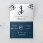 Trouwkaart met QR-code en anker in Navy blauw bloe (Binnen)