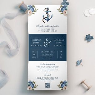 Trouwkaart met QR-code en anker in Navy blauw bloe Drieluik Uitnodiging