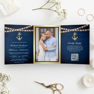 Trouwkaart met QR-code en anker in Navy-blauw en g Drieluik Uitnodiging