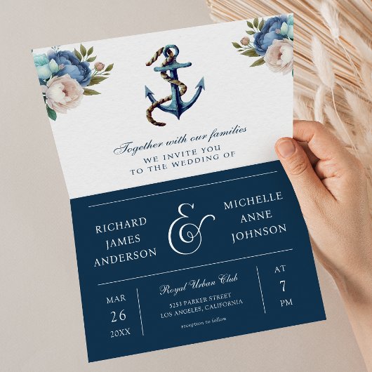 Trouwkaart met QR-code en anker in Navyblauw bloem