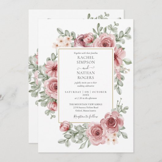 Trouwkaart met QR-code en Bloemige Stof Roos Kaart (Voorkant / Achterkant)