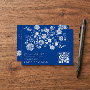 Trouwkaart met QR-code en Navy Blauwe Bloemen Informatiekaartje