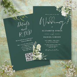 Trouwkaart met QR-code en smaragdgroene bloemen Kaart