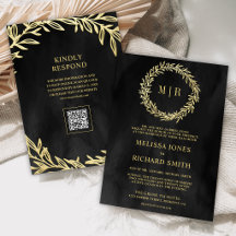 Trouwkaart met QR-code en tak met gouden blad in a