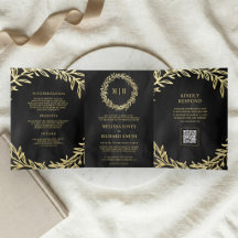 Trouwkaart met QR-code en tak met gouden blad in h