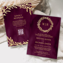 Trouwkaart met QR-code en tak met gouden blad Plum