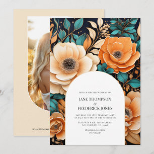 Trouwkaart met QR-code en thema Teal Burnt Orange Kaart