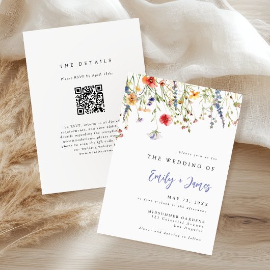 Trouwkaart met QR-code en wilde bloemen Kaart