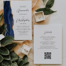 Trouwkaart met QR-code in Navy Blauw en Goud Agaat Kaart