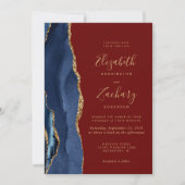 Trouwkaart met QR-code in Navyblauw Goud Agate Bur Kaart (Voorkant)
