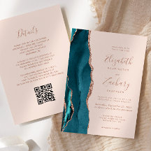 Trouwkaart met QR-code in turkoois roze goud agaat