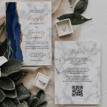 Trouwkaart met QR-code van marmer in Navy blauw en