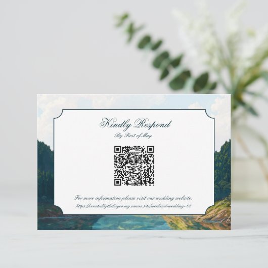 Trouwkaart met QR-code voor RSVP aan het meer in d Kaartje (Staand voorkant)