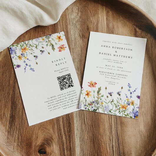 Trouwkaart met QR-code voor zomertuin met wilde bl Kaart