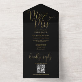 Trouwkaart met QR-code zwart en goud voor moderne All In One Uitnodiging
