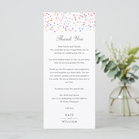 Trouwkaart met regenboogconfetti bedankingskaart menu (Staand voorkant)