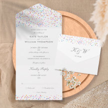 Trouwkaart met regenboogconfetti en monogram